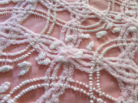 rose pink vintage chenille fabric, infinity links & pearl pops design 21" x 22"