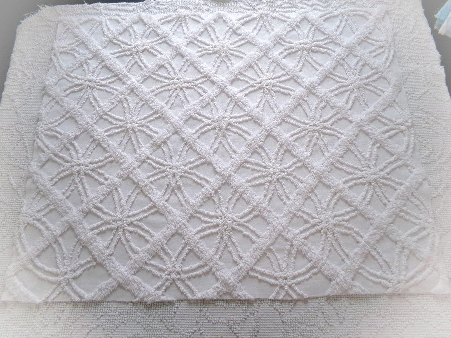 vintage white chenille fabric: webbed windowpane design, 20" x 25" cut piece