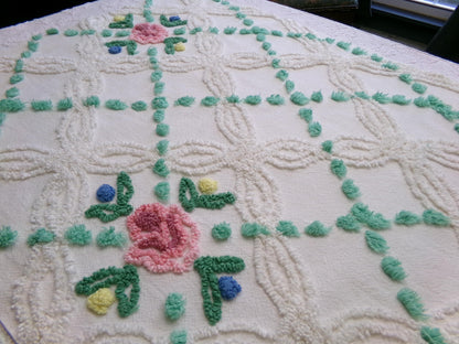 vintage chenille bedspread fabric cottage style pink rose jade green pops 26x22"