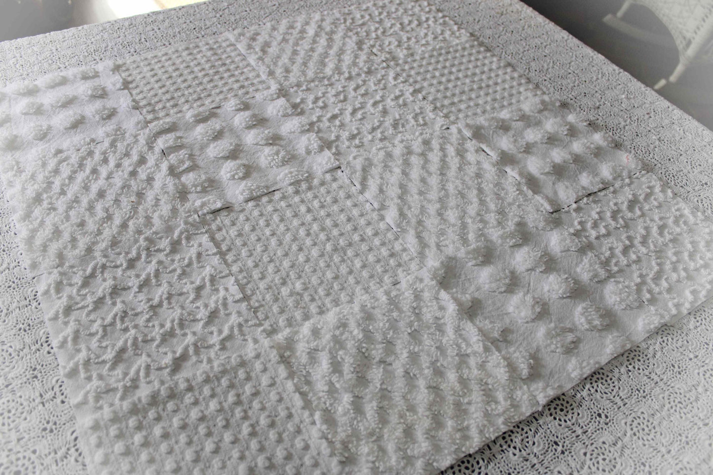 white chenille fabric squares in great textures, coin dots, lattice, mini pop sparkle & squiggles, 16 vintage quilt blocks, 6" x 6" ea
