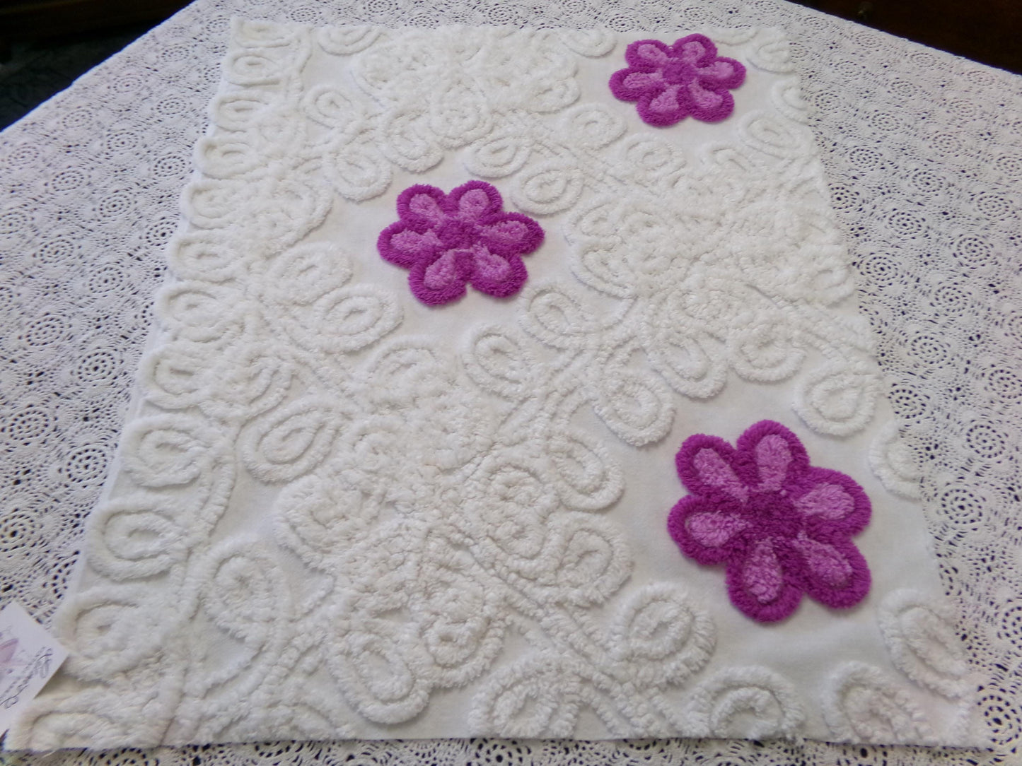 Violets in Snow Vintage Cotton Chenille Fabric - Plush Florals in White Curlicues, Quilt & Craft Material, 20" x 17" Piece