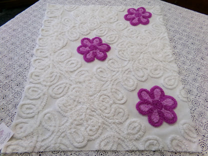 Violets in Snow Vintage Cotton Chenille Fabric - Plush Florals in White Curlicues, Quilt & Craft Material, 20" x 17" Piece
