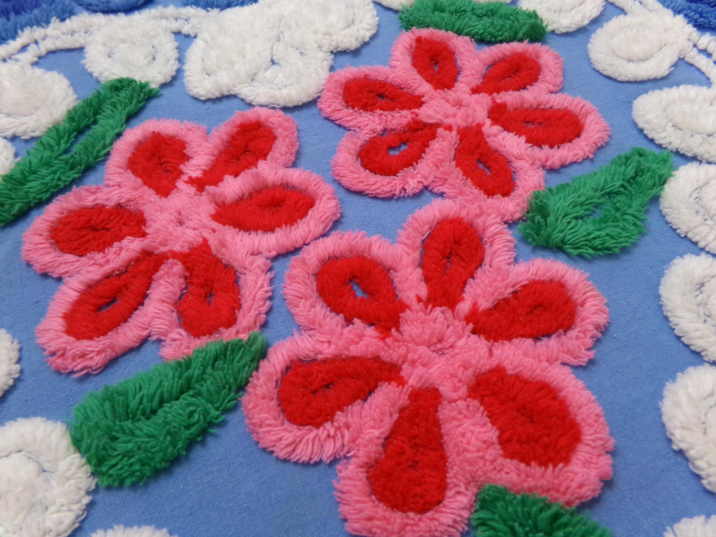 American Spirit Vintage Chenille Fabric Blue Floral Heart Scroll 19x24"
