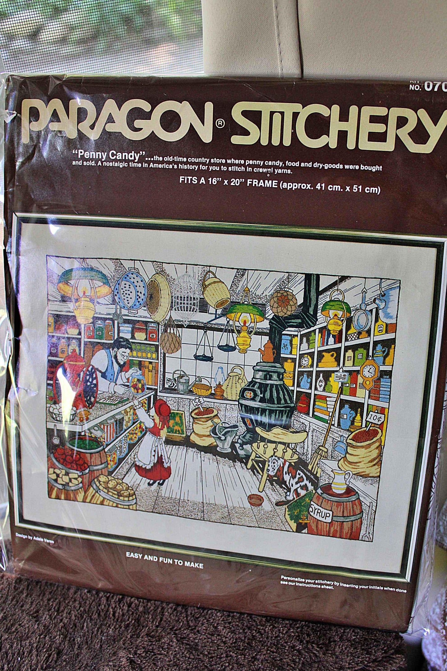 PENNY CANDY Vintage Paragon Stitchery Crewel Embroidery Kit # 0705, Nostalgic Old Fashioned Country Store Scene, Design by Adele Veres