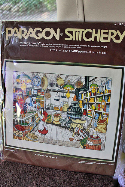 PENNY CANDY Vintage Paragon Stitchery Crewel Embroidery Kit # 0705, Nostalgic Old Fashioned Country Store Scene, Design by Adele Veres
