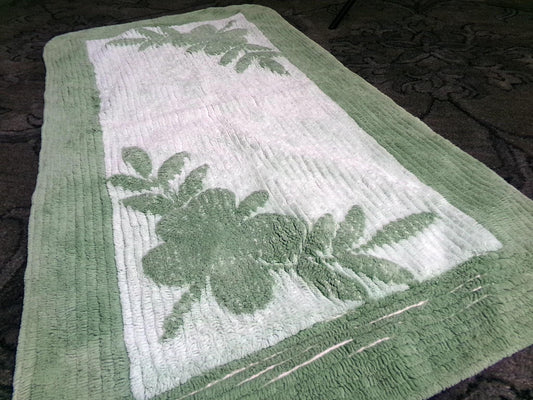 Vintage Green Chenille Rug, Shabby Botanical Leaf Cotton Accent Mat 21.5" x 39.5"