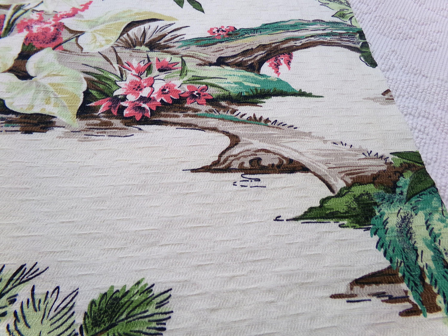Polynesian Paradise Vintage Barkcloth Fabric Panel Shabby Tropical Garden Fantasy 23" x 28"