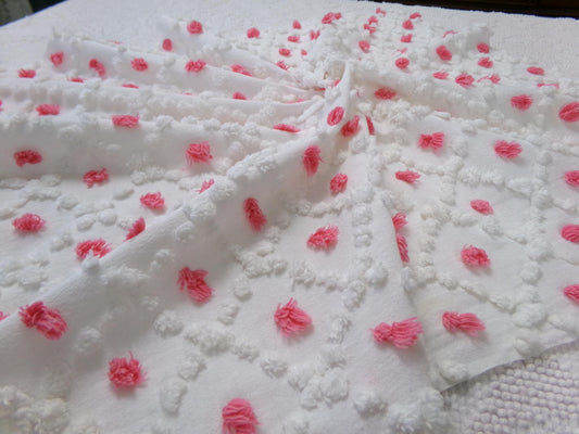 cutie pink pops vintage chenille fabric, tufted white popcorns, 18" x 23" inch piece quilt material for sewing & crafts