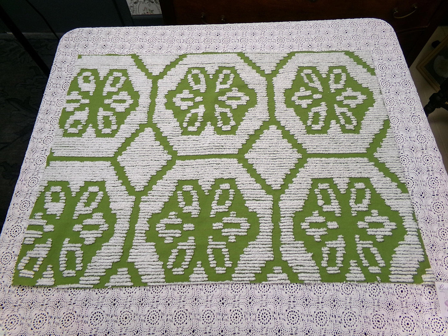 Boho Vintage Chenille Bedspread Fabric, Avocado Green White Daisy 19" x 26" cut piece