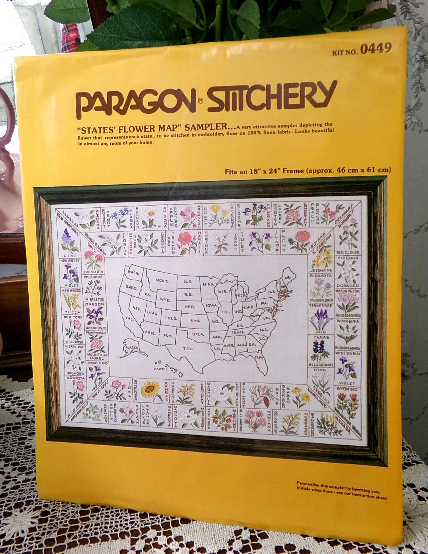 STATES' FLOWER MAP Sampler Vintage Paragon Crewel Embroidery Kit 0449 50 United States Floral Stitchery