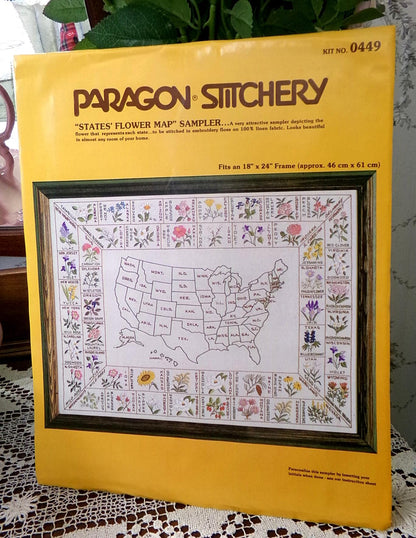 STATES' FLOWER MAP Sampler Vintage Paragon Crewel Embroidery Kit 0449 50 United States Floral Stitchery