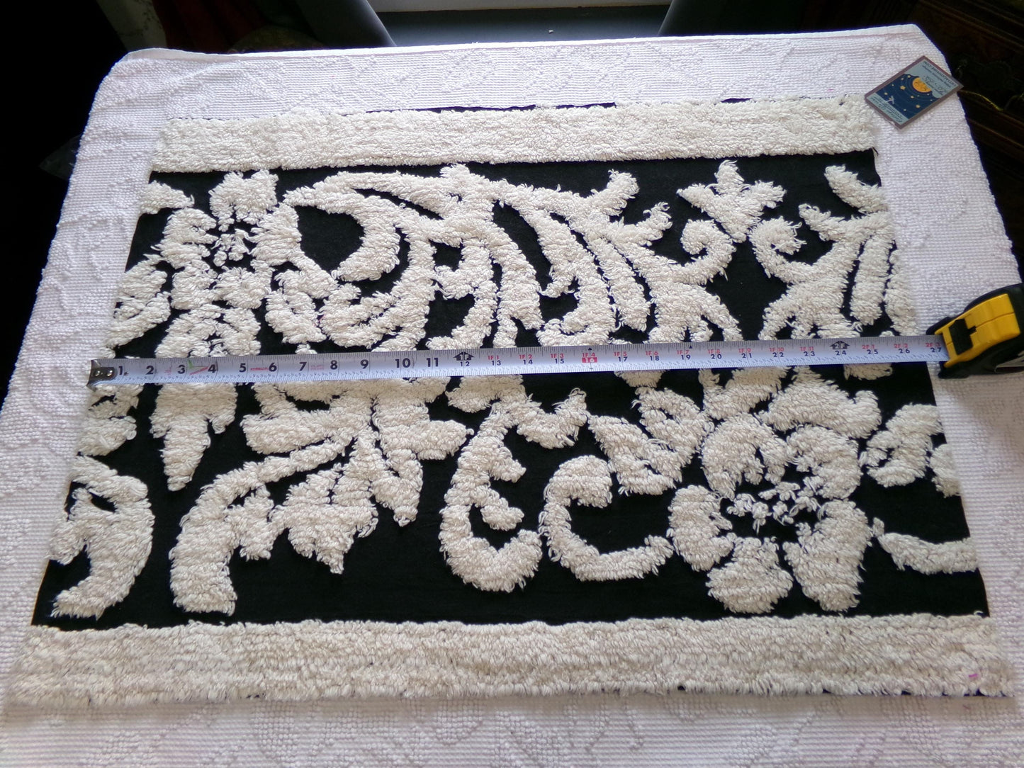 Gothic Black Cream Rose Vintage Chenille Fabric, 20" x 25" Inch Piece, Beautiful Material for Pillows