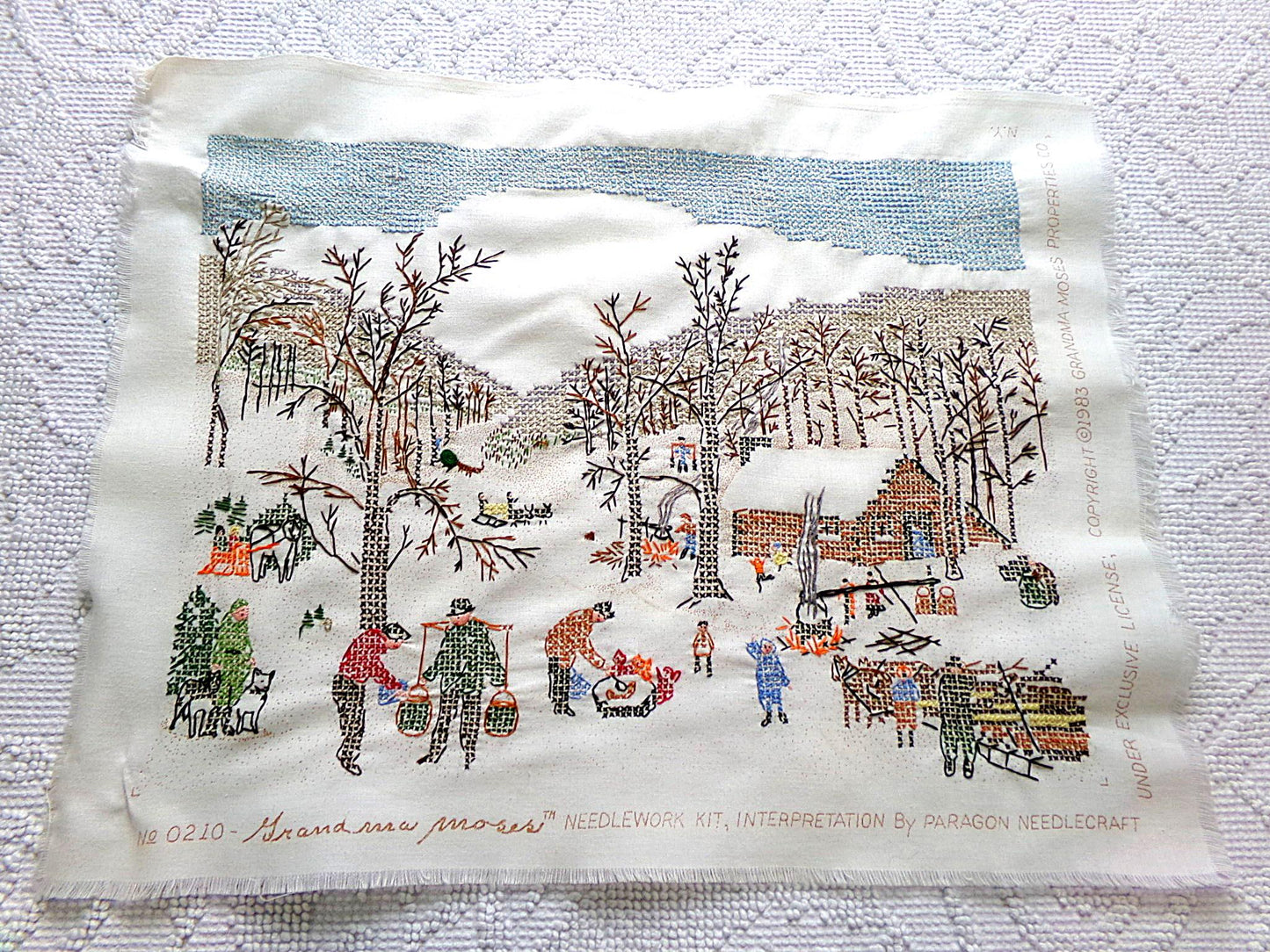 Grandma Moses SUGARING OFF Completed Cross Stitch Embroidery Paragon Stitchery 0210 - Rustic Country Winter Scene