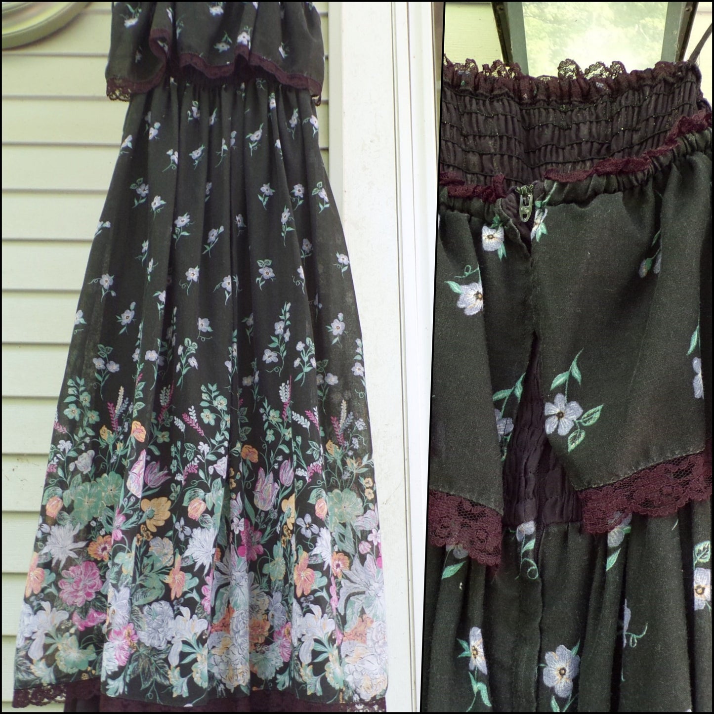 Vintage Boho Prairie Dress Black Floral 70s Maxi Sundress Jr Sz 13
