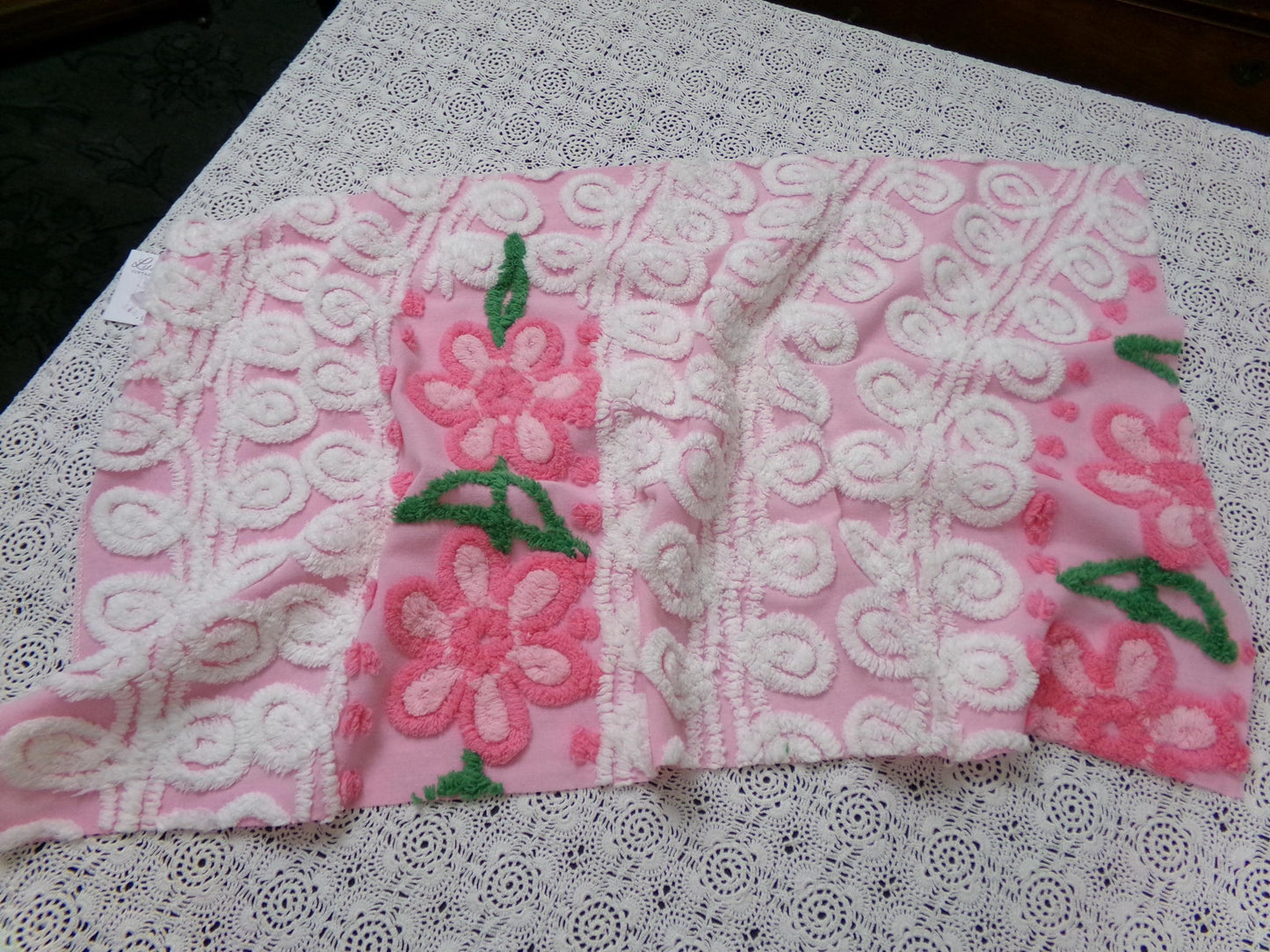 Peeking Pink Flowers Vintage Chenille Bedspread Fabric, 15" x 26" piece
