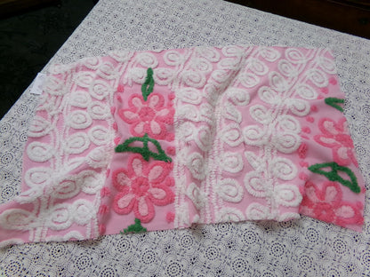 Peeking Pink Flowers Vintage Chenille Bedspread Fabric, 15" x 26" piece