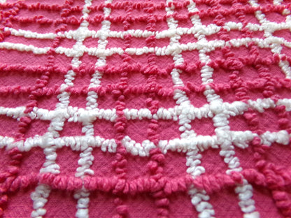 fabulous vintage chenille fabric, vivid pink & white plaid design 20" x 24" cut piece, upcycle into quilts, fiber arts, crafts