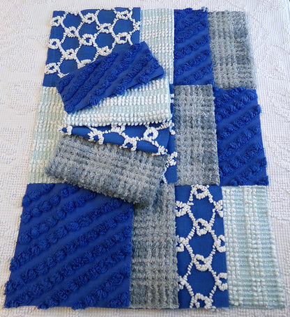 Vintage Chenille Fabric Squares - Set of 16 - Sporty Grey, White & Blue - 6" Quilt Blocks