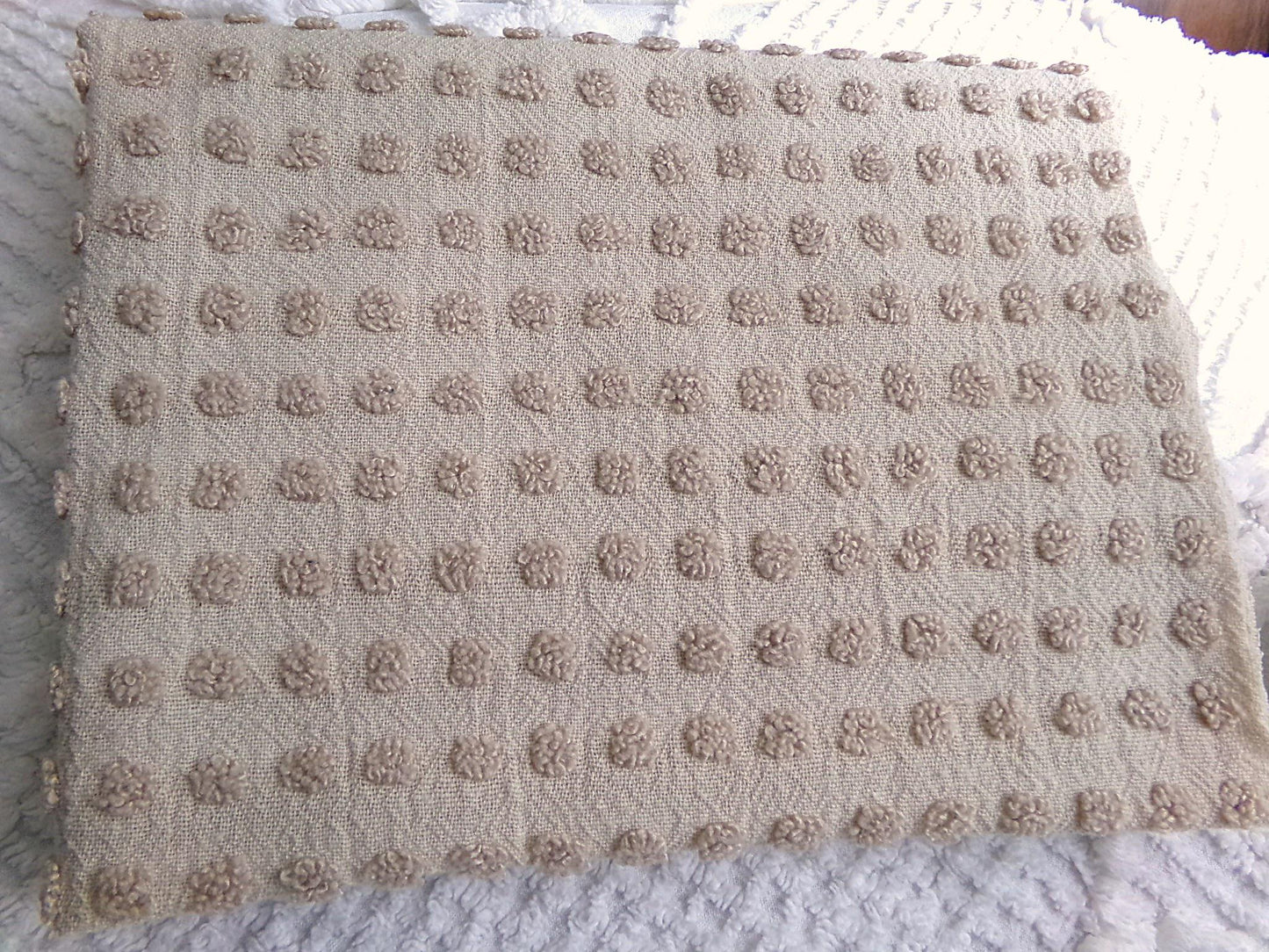 neutral mocha pops vintage chenille fabric, Morgan Jones little popcorn dots, 18" x 24" piece of lightweight sewing & quilting material