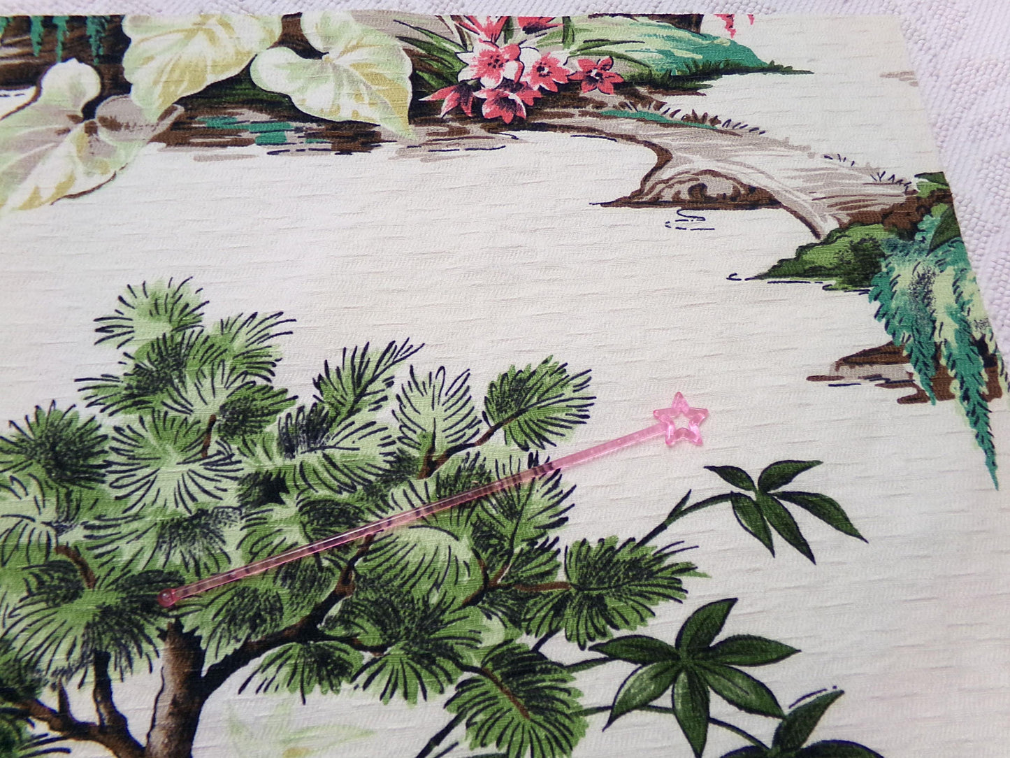 Polynesian Paradise Vintage Barkcloth Fabric Panel Shabby Tropical Garden Fantasy 23" x 28"