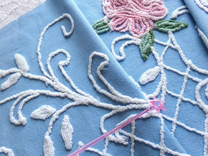 shabby cottage rose vintage chenille fabric, blue white floral sewing material, 15" x 30" piece