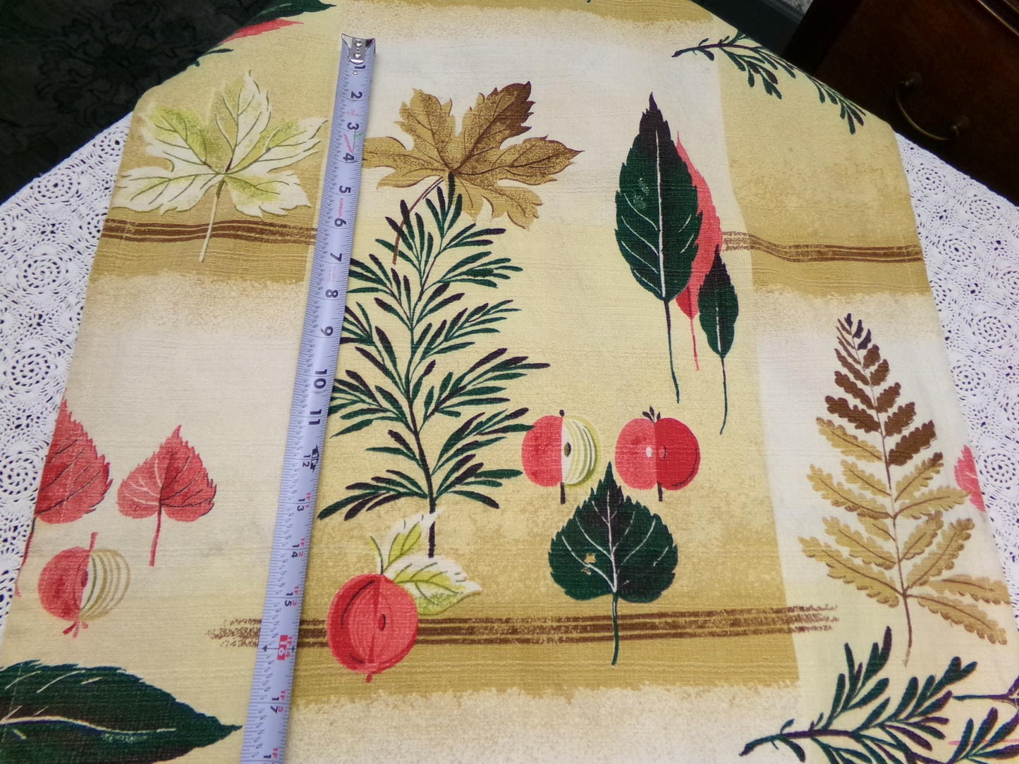 Vintage 1950s Barkcloth Fabric, Rustic Boho Shadow Autumn Leaves, Apples & Pine, 20"x46"