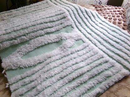 Fabric Piece from Vintage Chenille Bedspread in Mint Green & White Geometric Stripe, 12" x 22" inches