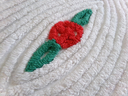 romantic red rose vintage chenille fabric: 25" x 25" piece w/ white swirl tufts & pom pom edge trim