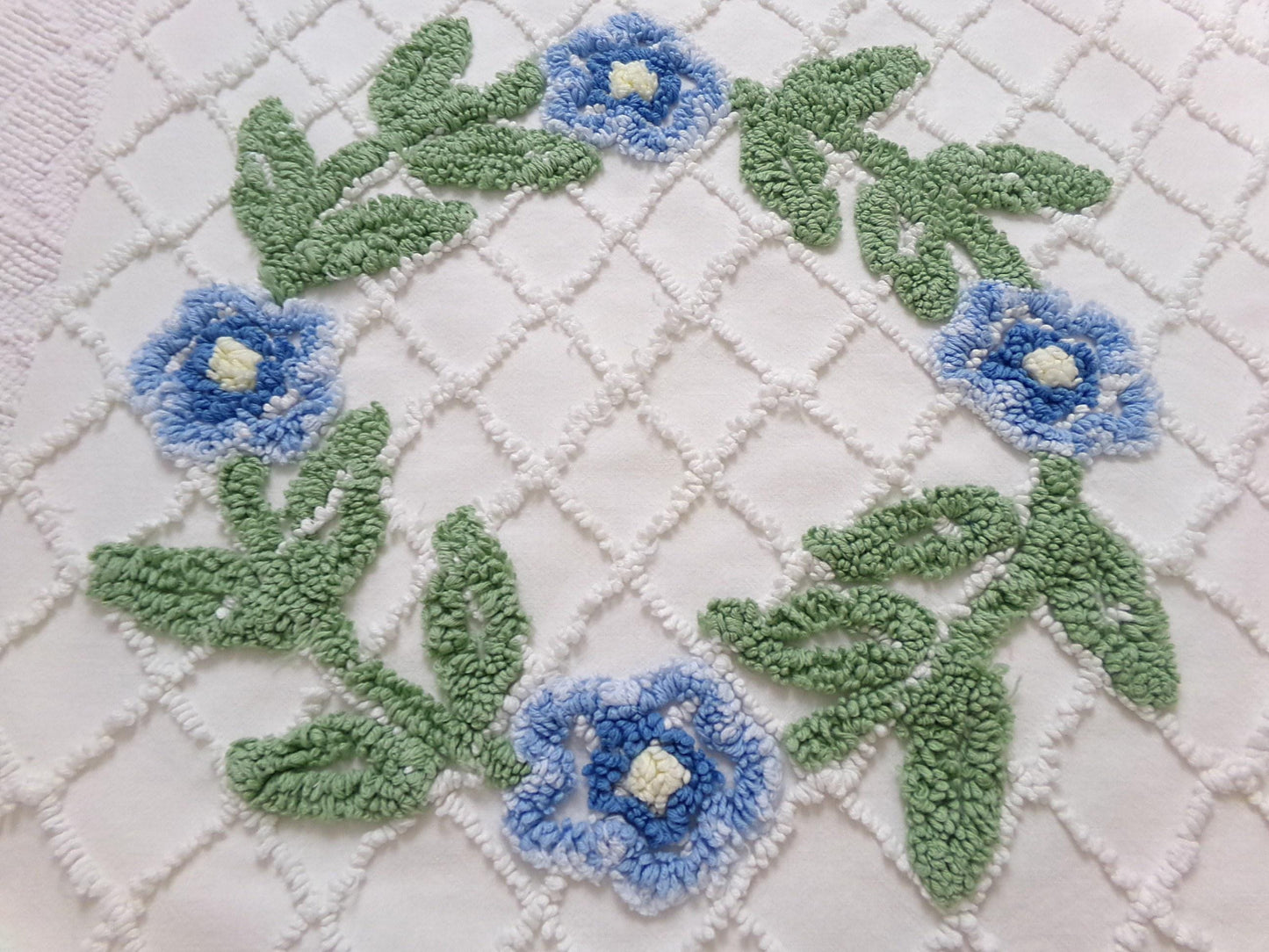 Floral Wreath Vintage Chenille Fabric, Blue & White Sewing Material 15" x 28" Piece