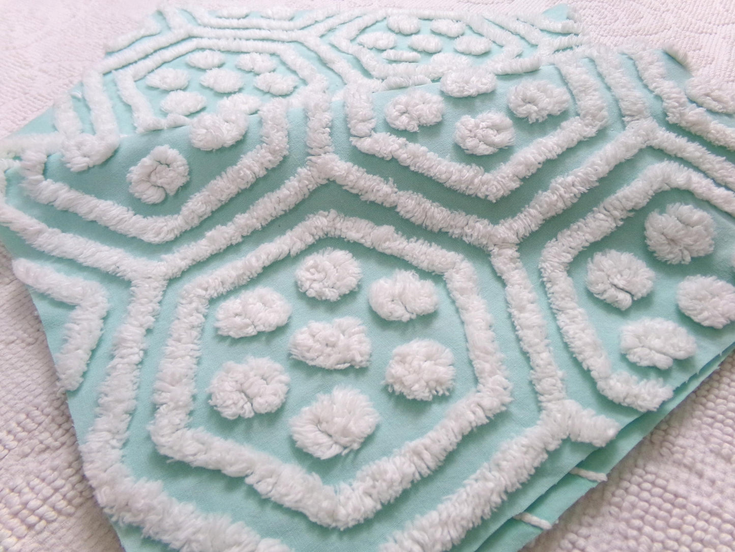 Vintage Chenille Fabric Coastal Fresh Aqua White Geometric Hexagon Dot 18x24"