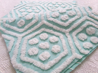 Vintage Chenille Fabric Coastal Fresh Aqua White Geometric Hexagon Dot 18x24"