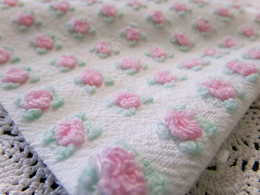 Shabby Tiny Tuft Pink Rosebud Vintage Chenille Fabric, Mini Rose Pattern, 20" x 12"