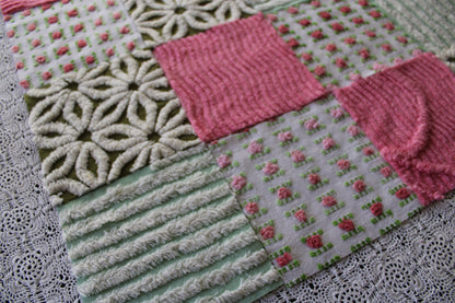 boho daisy rose vintage 6" chenille fabric squares, set of 16 textured quilt blocks in olive green, rosy pinks & white for sewing, crafts