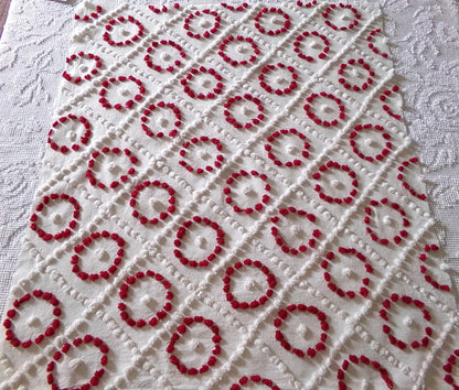 vintage chenille bedspread fabric, upcycle sewing quilt material ruby red circles & white diamonds, 20" x 25"