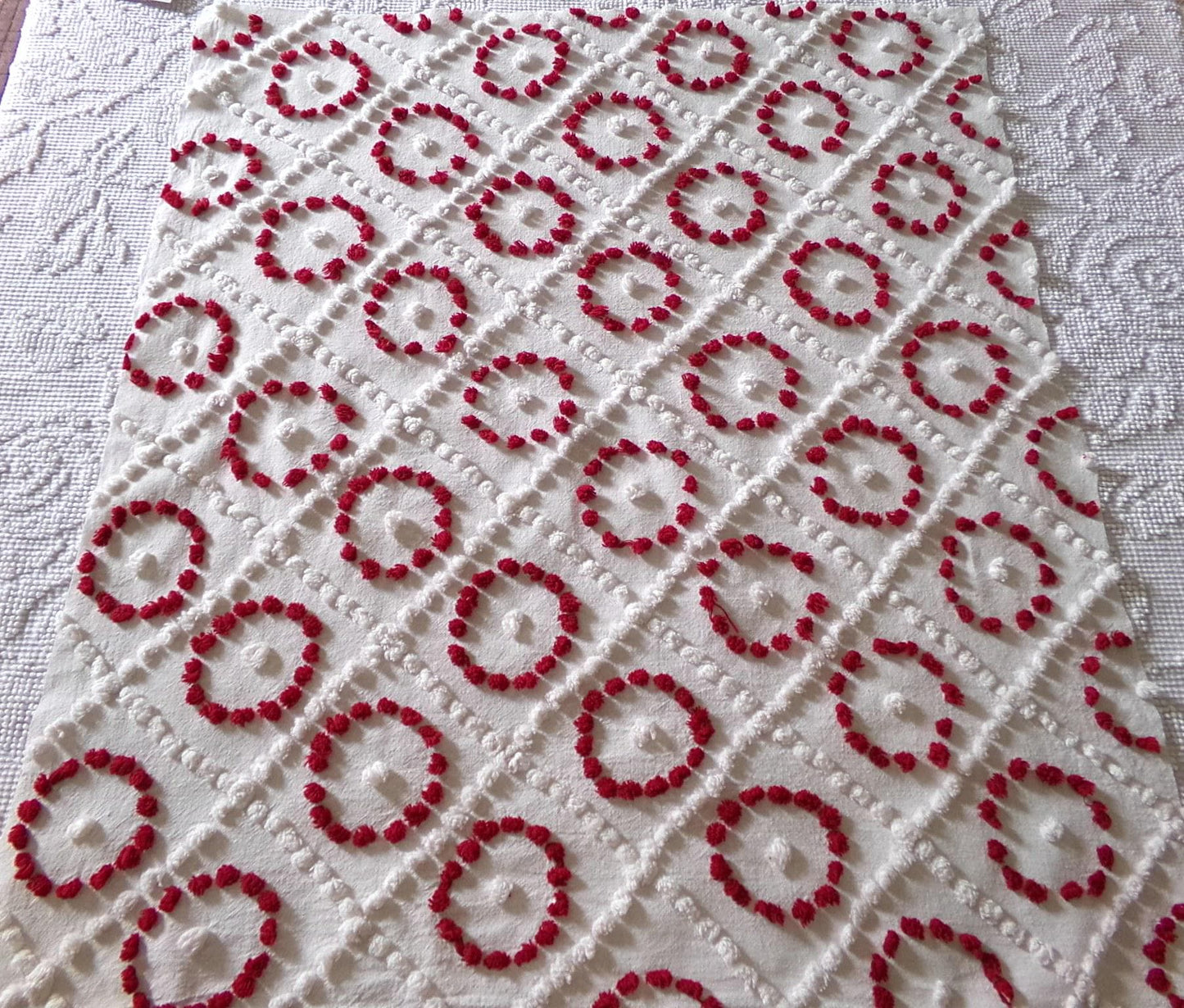 ruby red & white vintage chenille fabric, antique handtufted 20"x 25" piece quilt material