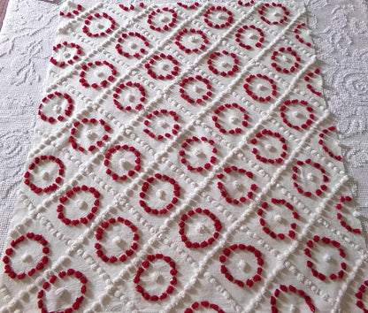ruby red & white vintage chenille fabric, antique handtufted 20"x 25" piece quilt material