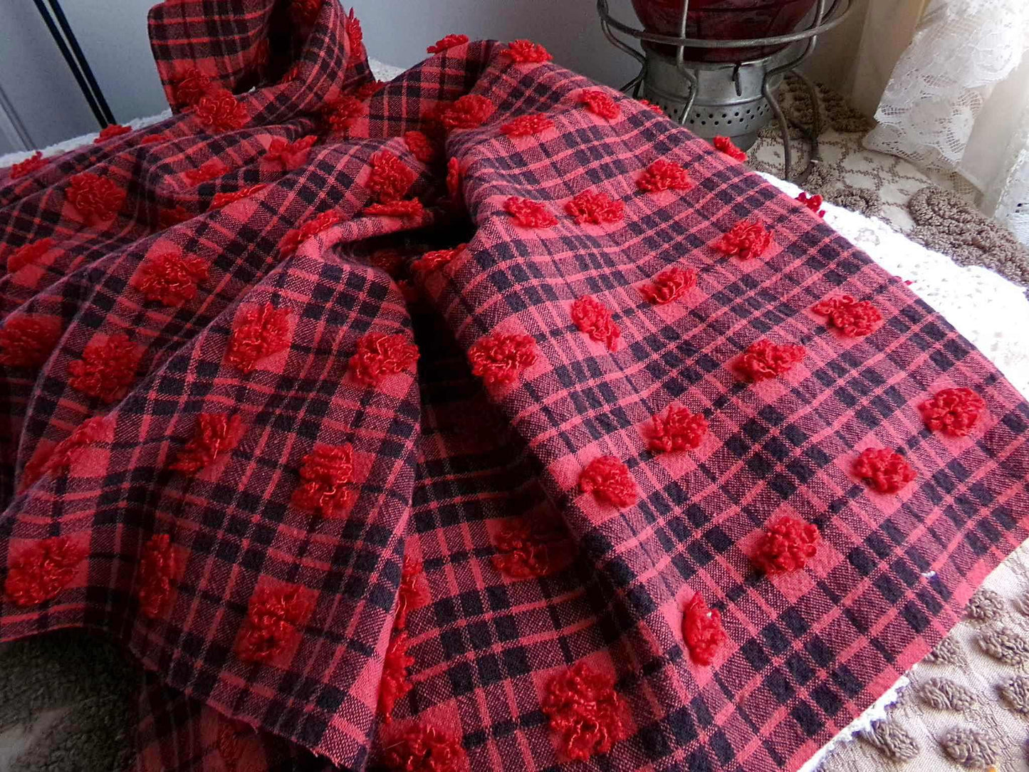 Midnight Black Tartan Plaid Vintage Chenille Bedspread Fabric, Tufted Deep Red Dots, 18" x 24" inch Piece, Lightweight Quilt Material