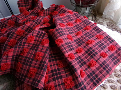 Midnight Black Tartan Plaid Vintage Chenille Bedspread Fabric, Tufted Deep Red Dots, 18" x 24" inch Piece, Lightweight Quilt Material
