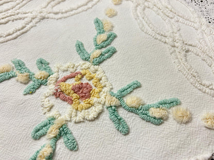 Vintage Rose Chenille Fabric, Cottage Chic 12x18" Cream Floral Sewing Textile