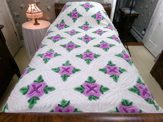 Lavender Cabbage Rose Blooms 1940s White Cotton Chenille Bedspread, FULL Size