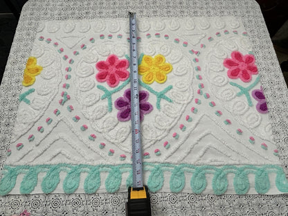 Sweetie Heart Vintage Chenille Bedspread Fabric Seafoam Curlicues 20x26" Textile