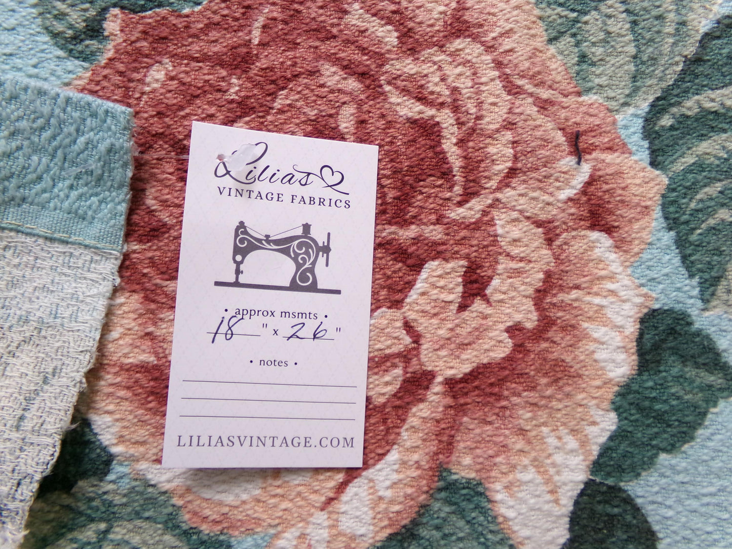 Vintage 1940s Barkcloth Fabric Aqua Blue Pink Roses Botanical Mid-Century Shabby, 18" x 26"