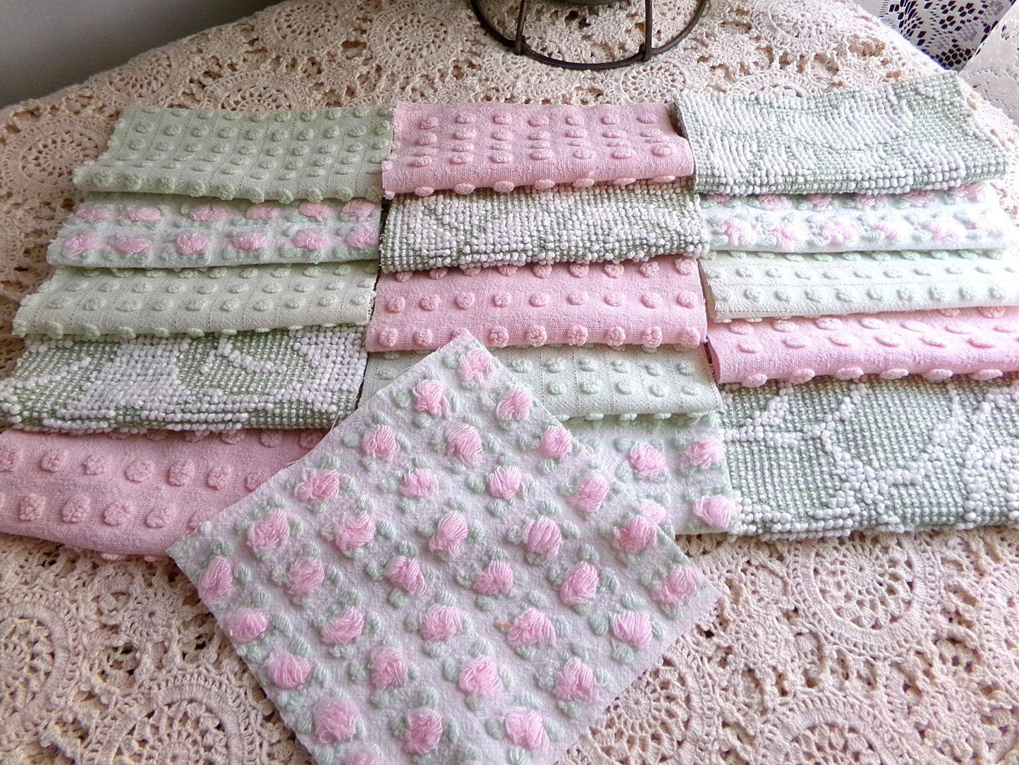 blossom & botanical vintage chenille fabric squares, rotary cut set of 16 quilt blocks 6" each in pink, green