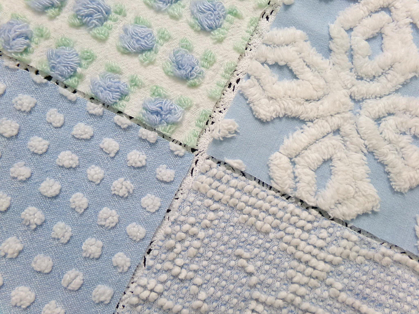 sea breeze vintage chenille fabric squares, set of 16 blue white quilt blocks 6" ea