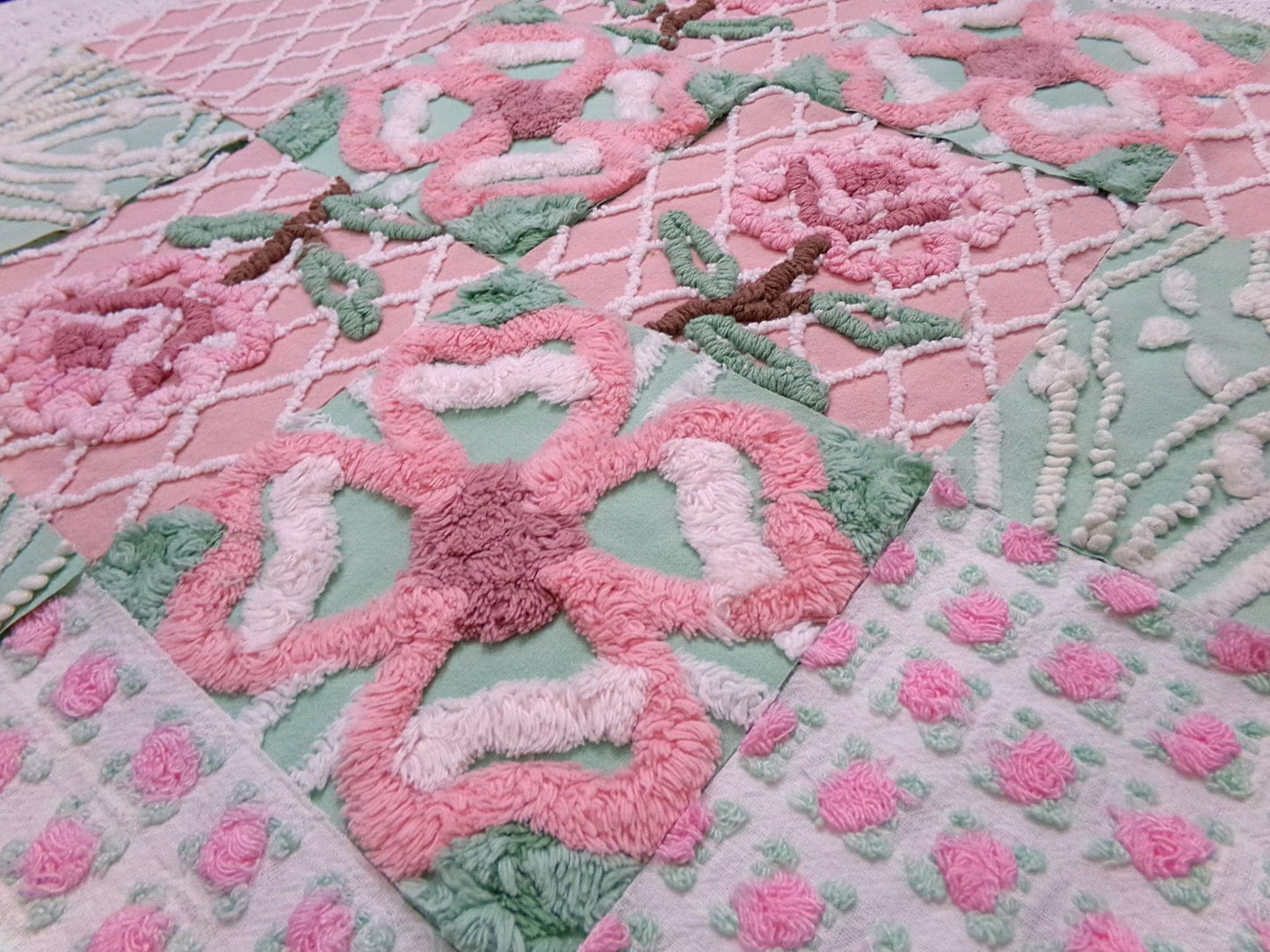fresh cut roses vintage chenille fabric squares, set of 16 pink green quilt blocks 6" ea