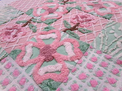 fresh cut roses vintage chenille fabric squares, set of 16 pink green quilt blocks 6" ea