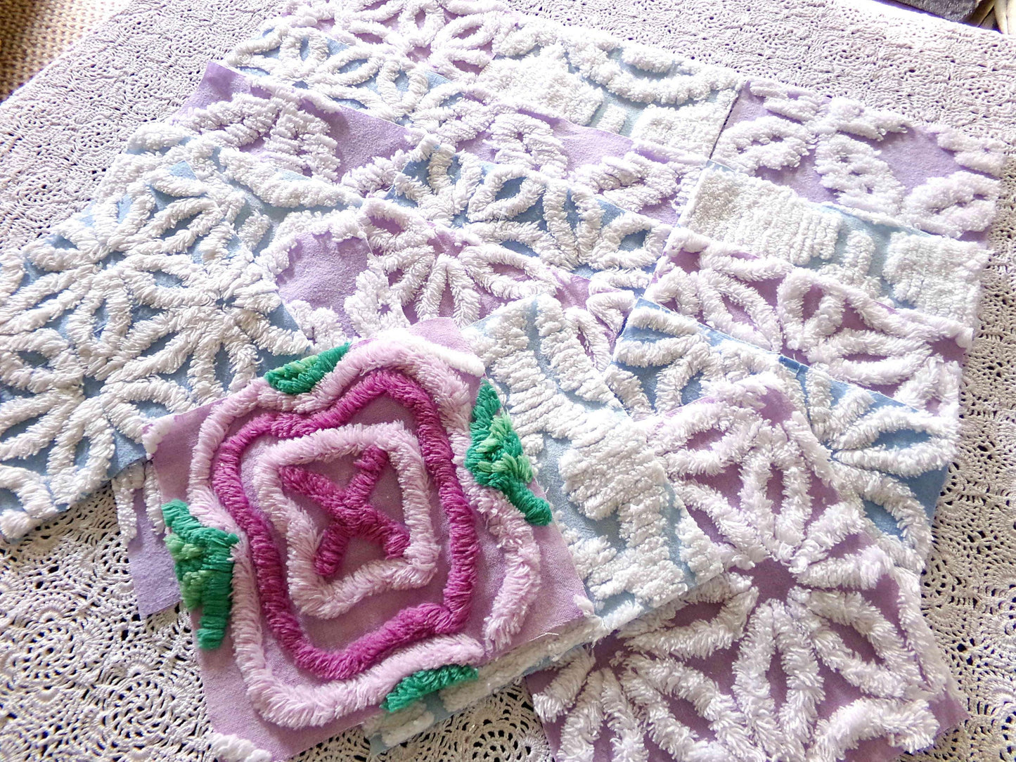 serene chenille fabric squares, dreamy blue, lilac & white, 17 vintage quilt blocks 6" x 6" inch, for pillows, quilting, crafts