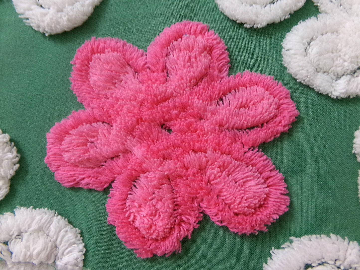 Vintage Chenille Bedspread Fabric, evergreen pink rose white swirl sewing craft quilt material, 20" x 24" piece