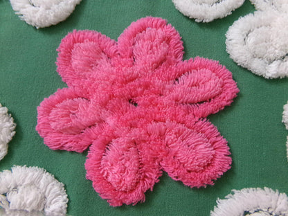 Vintage Chenille Bedspread Fabric, evergreen pink rose white swirl sewing craft quilt material, 20" x 24" piece