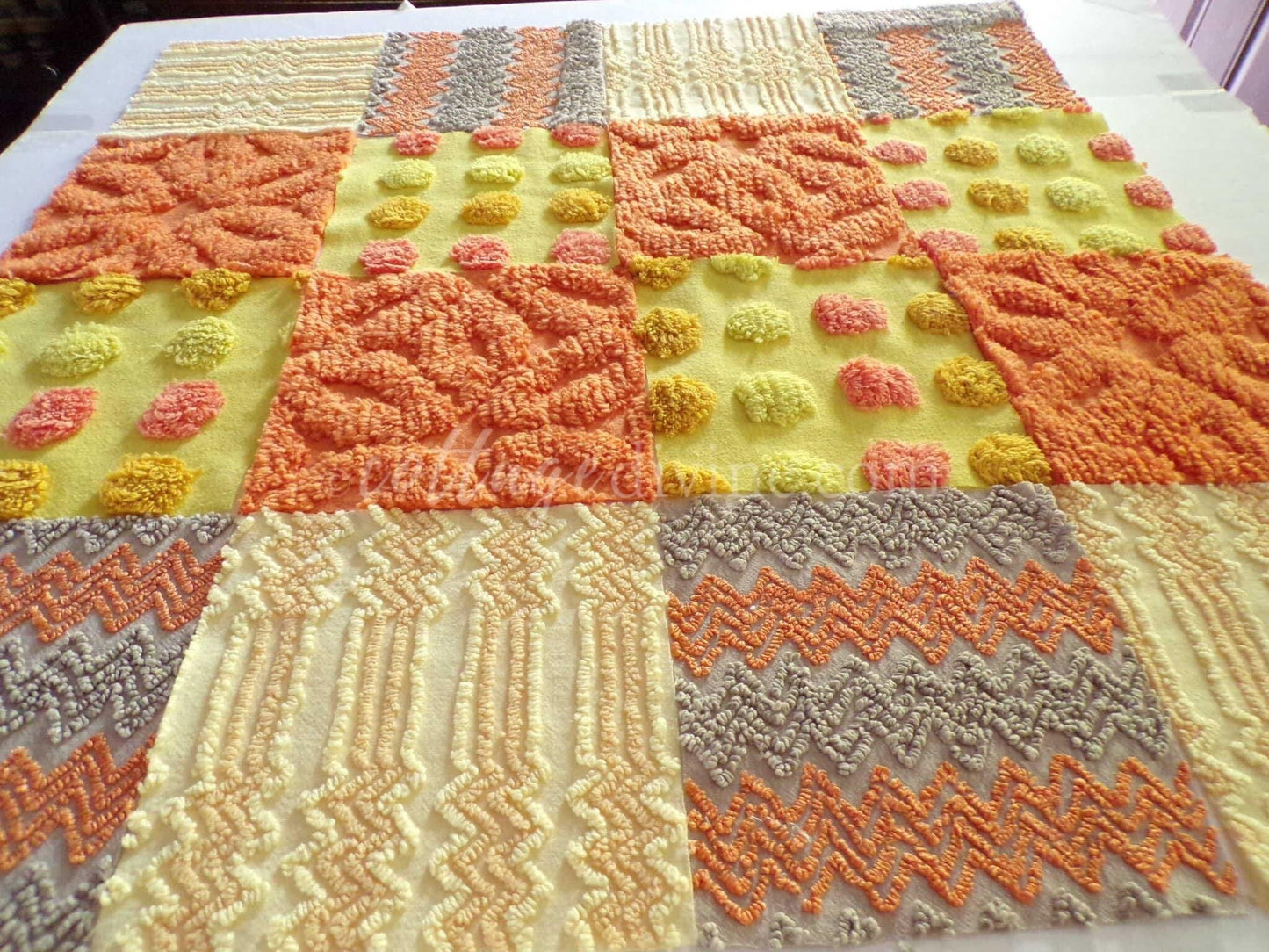 Quilt Squares Set, "Wild Lightning Zaps" from Vintage Chenille Bedspread Fabric, 16 Blocks, 6" x 6" inch